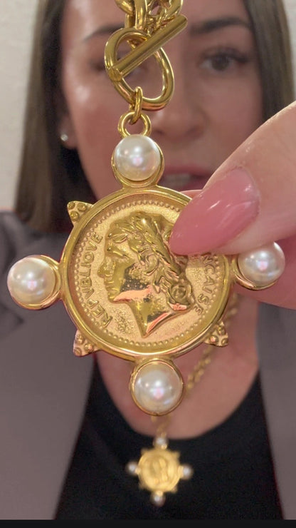 France Pearl Coin Toggle Necklace